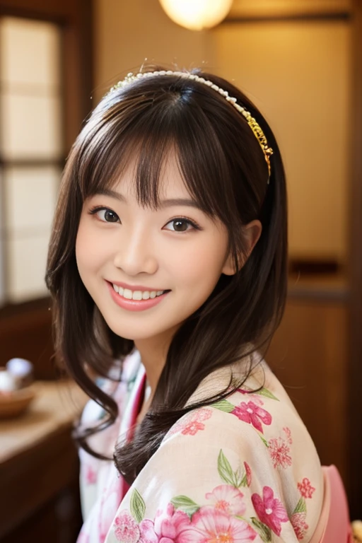 Beautiful woman with good eyes and nose、Beautiful as a model、Cute like a model、Eyes are double、How to use regular mascara、Eye color blue、Hair color pink、Her face is delicate and elegant.、8k picture、Beautiful style like a model、Ordinary large、A refreshing and lovely smile、Pose like a model、Overall portrait、Snapshots、Glamaloid Smile、Beautiful and delicate face like a model、Best Quality、masuter piece、Cute smile、 Elegant beauty、The season is winter、natural make up、Thin eyeshadow、A little more bust up、A woman wearing a beautiful kimono is smiling brightly in a Japanese-style room during the New Year.、Decorated with kadomatsu and kagami-mochi.、In a well-lit room、Since I am wearing a kimono, I sit straight.、Cute like a model in sunny clothes、