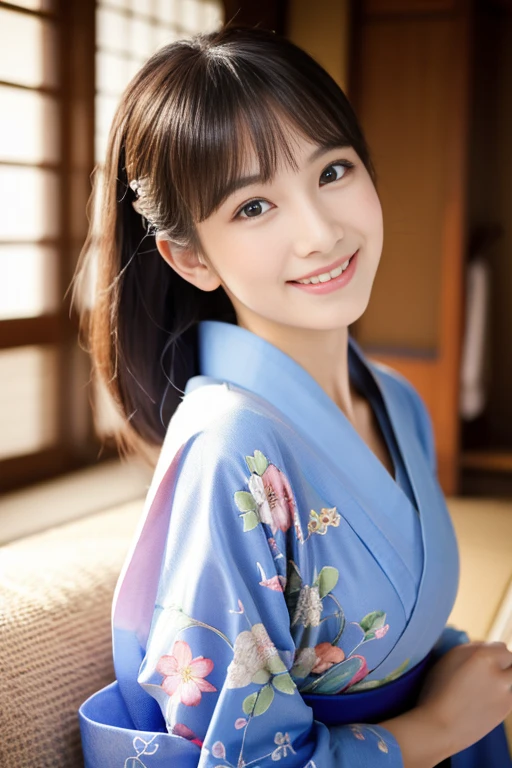 Beautiful woman with good eyes and nose、Beautiful as a model、Cute like a model、Eyes are double、How to use regular mascara、Eye color blue、Hair color pink、Her face is delicate and elegant.、8k picture、Beautiful style like a model、Ordinary large、A refreshing and lovely smile、Pose like a model、Overall portrait、Snapshots、Glamaloid Smile、Beautiful and delicate face like a model、Best Quality、masuter piece、Cute smile、 Elegant beauty、The season is winter、natural make up、Thin eyeshadow、A little more bust up、A woman wearing a beautiful kimono is smiling brightly in a Japanese-style room during the New Year.、Decorated with kadomatsu and kagami-mochi.、In a well-lit room、Since I am wearing a kimono, I sit straight.、Cute like a model in sunny clothes、