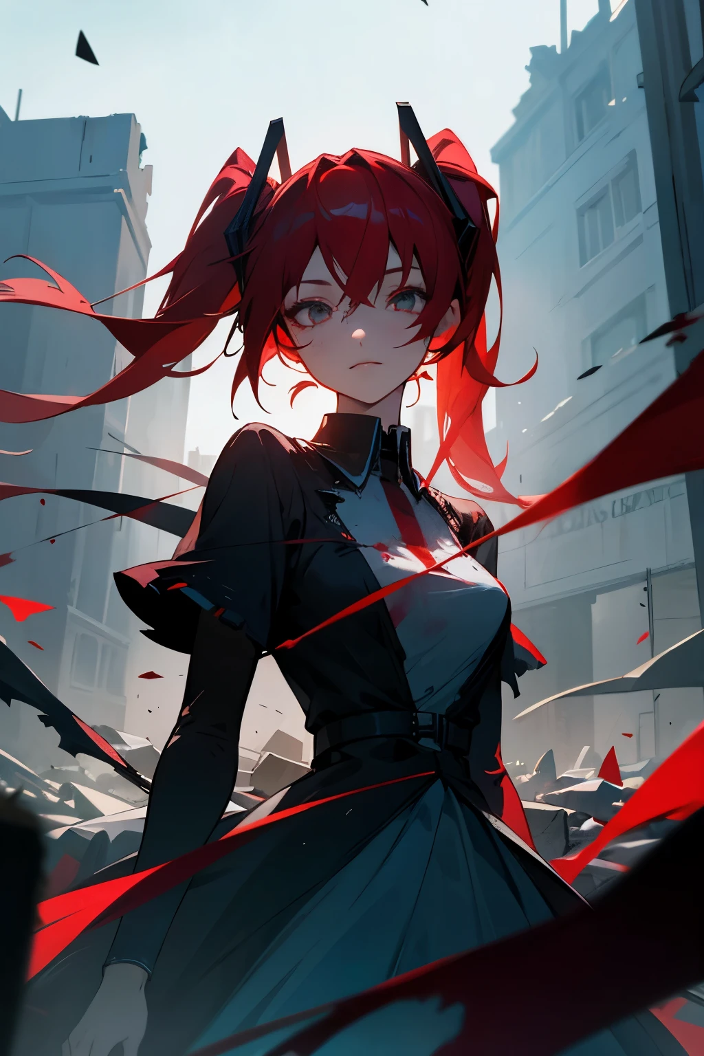 A girl, white eyes, black and red hair, long light blue dress with blood, psychotic look, beautiful face, in the background a destroyed medieval city, blue skin, best quality, masterpiece, hatsune miku style hair