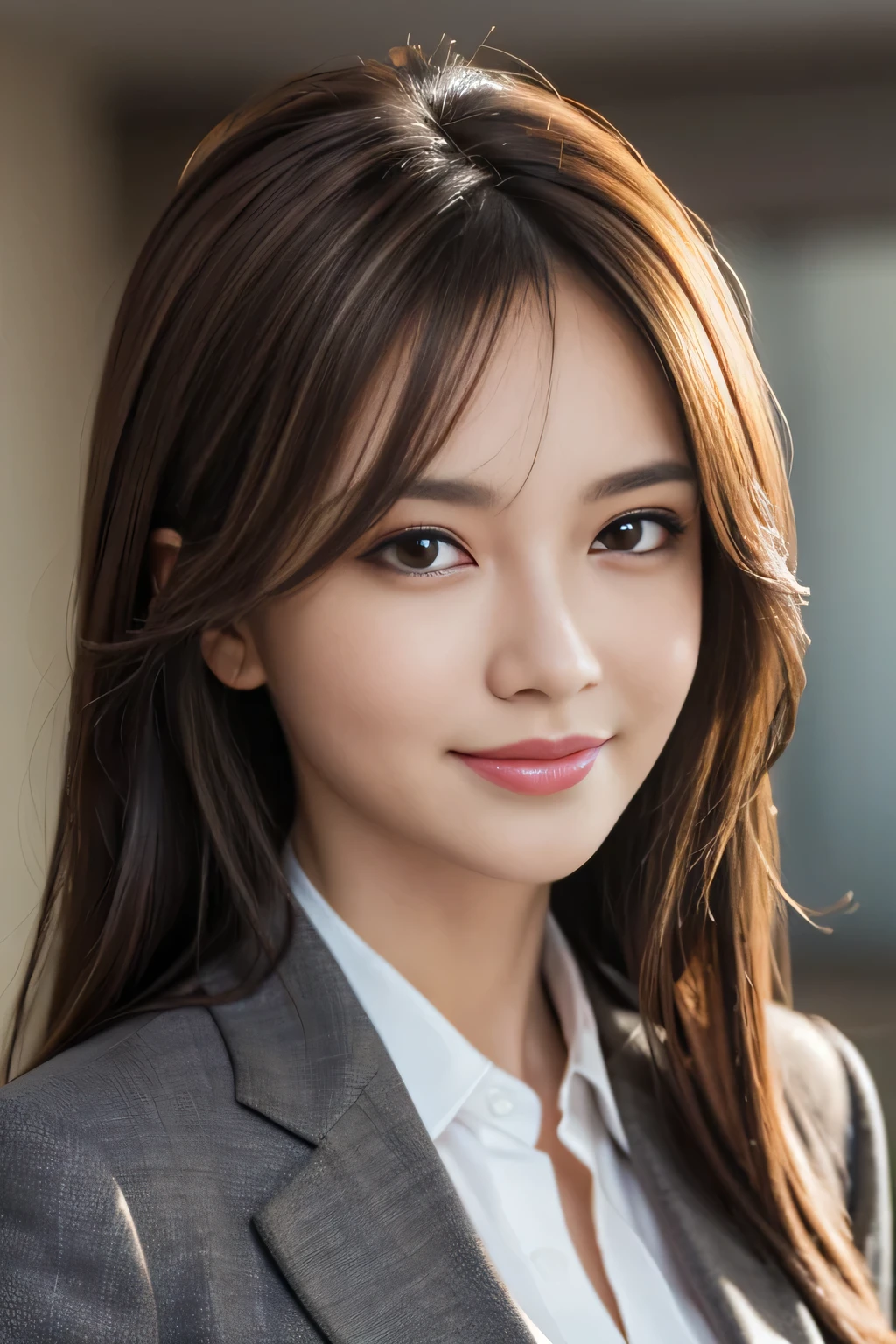 masutepiece, Best Quality, Photorealistic, Ultra-detailed, finely detail, High resolution, 8K Wallpaper, 1 beautiful woman,, light brown messy hair, in a business suit, foco nítido, Perfect dynamic composition, Beautiful detailed eyes, detailed hairs, Detailed realistic skin texture, Smiling, Close-up portrait, Model body type
