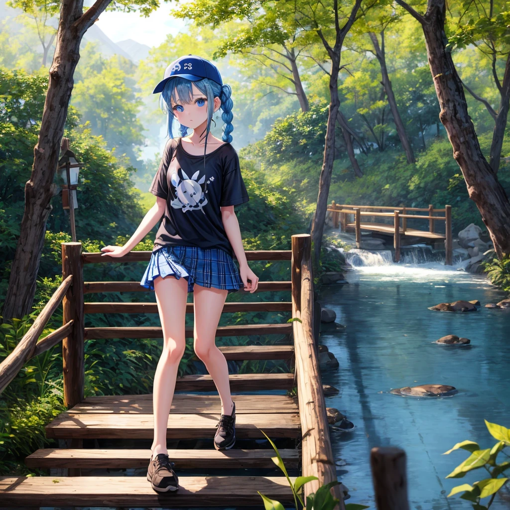 Blue hair、blue eyess、Braids、poneyTail、one good looking girl、独奏、animesque、Plaid miniskirt、Black T-shirt、camisole、the woods、Wearing a plaid baseball cap、bare-legged、Tilting your face、Walking、Crossing a log bridge while keeping balance、Doing the ribbon、have a twig、climbing the wooden stairs、falls、Blue Topaz、Sunset sky、Wearing headphones、spirals、Losing balance