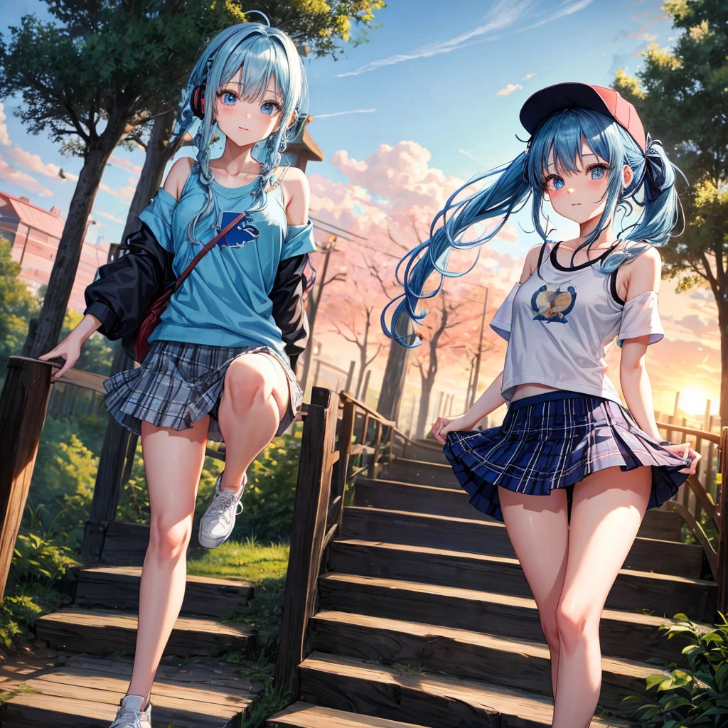 Blue hair、blue eyess、Braids、poneyTail、one good looking girl、独奏、animesque、Plaid miniskirt、Black T-shirt、camisole、the woods、Wearing a plaid baseball cap、bare-legged、Tilting your face、Walking、Crossing a log bridge while keeping balance、Doing the ribbon、have a twig、climbing the wooden stairs、falls、Blue Topaz、Sunset sky、Wearing headphones、spirals、Losing balance
