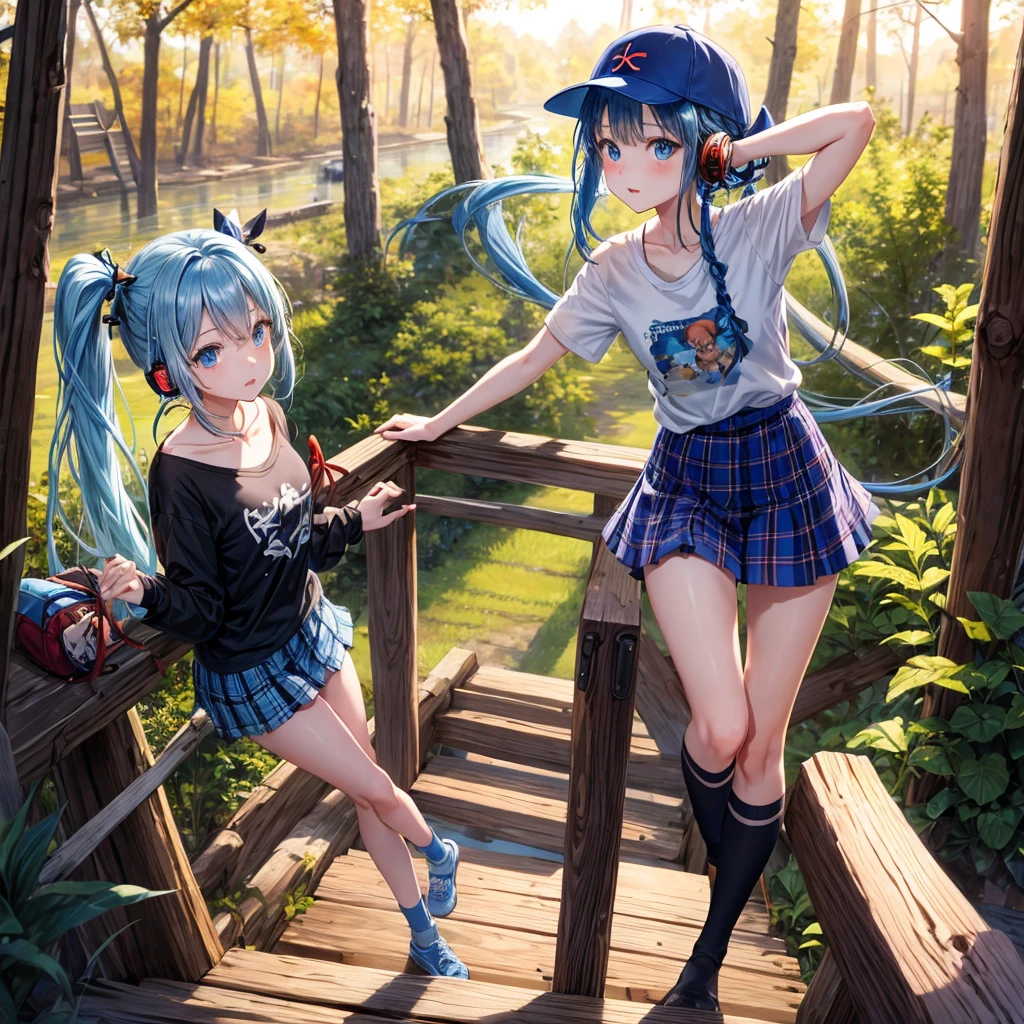 Blue hair、blue eyess、Braids、poneyTail、one good looking girl、独奏、animesque、Plaid miniskirt、Black T-shirt、camisole、the woods、Wearing a plaid baseball cap、bare-legged、Tilting your face、Walking、Crossing a log bridge while keeping balance、Doing the ribbon、have a twig、climbing the wooden stairs、falls、Blue Topaz、Sunset sky、Wearing headphones、spirals、Losing balance