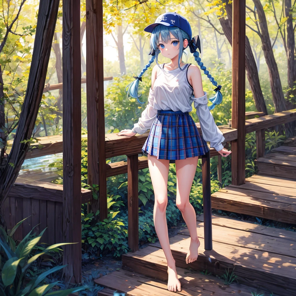 Blue hair、blue eyess、Braids、poneyTail、one good looking girl、独奏、animesque、Plaid miniskirt、Black T-shirt、camisole、the woods、Wearing a plaid baseball cap、bare-legged、Tilting your face、Walking、Crossing a log bridge while keeping balance、Doing the ribbon、have a twig、climbing the wooden stairs、falls、Blue Topaz、Sunset sky、Wearing headphones、spirals、Losing balance