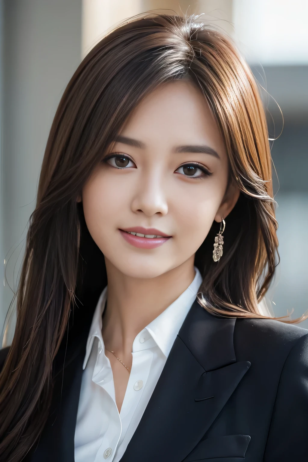 masutepiece, Best Quality, Photorealistic, Ultra-detailed, finely detail, High resolution, 8K Wallpaper, 1 beautiful woman,, light brown messy hair, in a business suit, foco nítido, Perfect dynamic composition, Beautiful detailed eyes, detailed hairs, Detailed realistic skin texture, Smiling, Close-up portrait, Model body type