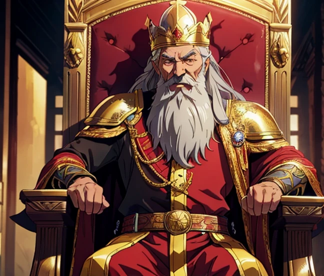 Elderly man with long grey hair, full beard, gold crown, gold armor, king, red cape, black undershirt, sits on his throne.