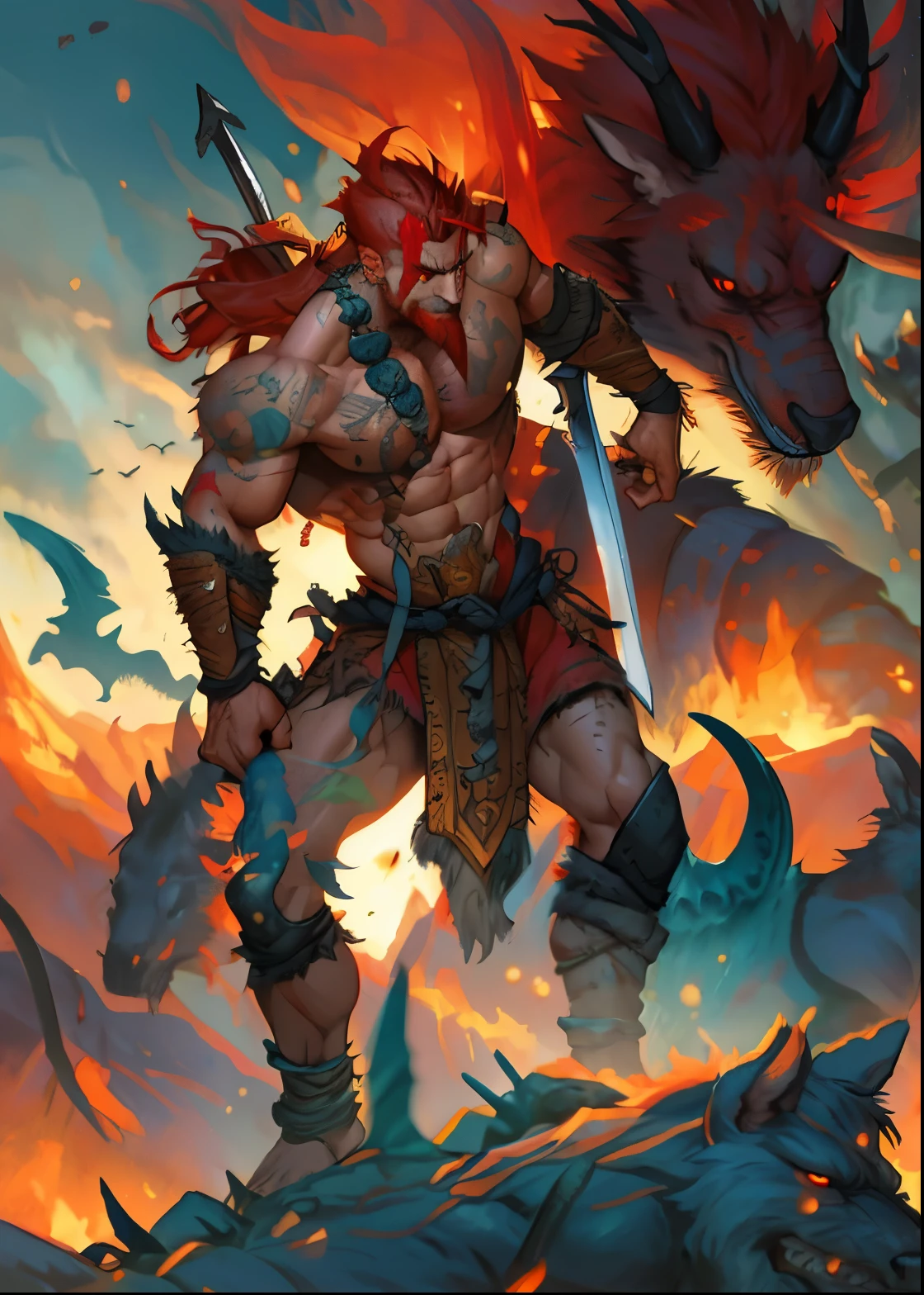 a painting of a man with a sword and a horned head, berserker potrait, barbarian class, barbarian warrior, barbarian, viking berserker, fur-clad barbarian goliath, portrait berserker barbarian, male barbarian, epic fantasy card game art, demon berserker, concept art of a warrior, epic fantasy character art, by Yang J, a very beautiful berserker woman, (red hair)+++