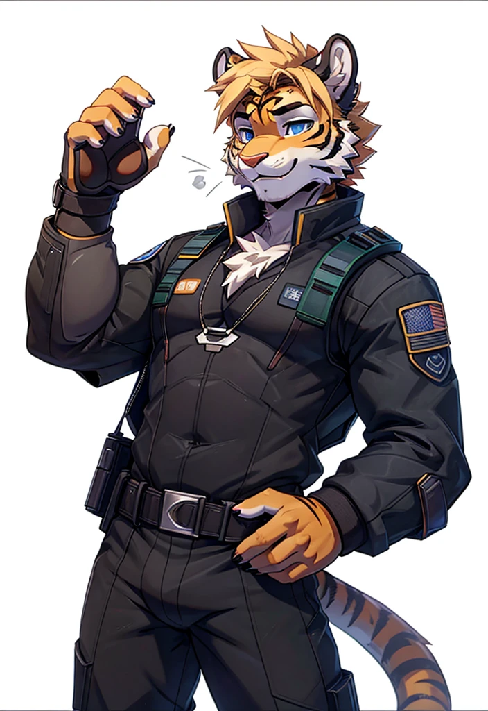 boy,cute,slim,smile,blue eyes,furry,anthro,male@Arioncy,by Null_Ghost,by 18plusplus,a drawing of a tiger in a uniform, (sfw) safe for work, an anthropomorphic cyberpunk fox, ((tiger)), officer, as an overwatch character, makoto shinkai ( apex legendull uniform, in black uniform, wearing techwear and armor, anthropomorphic tiger, dressed in tactical armor, as overwatch character