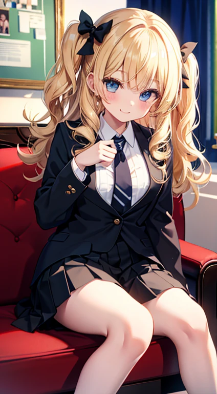 1girl, sitting on chair, Cute white bra BREAK black school uniform, blonde curly hair, hair bow, smile, look at viewer