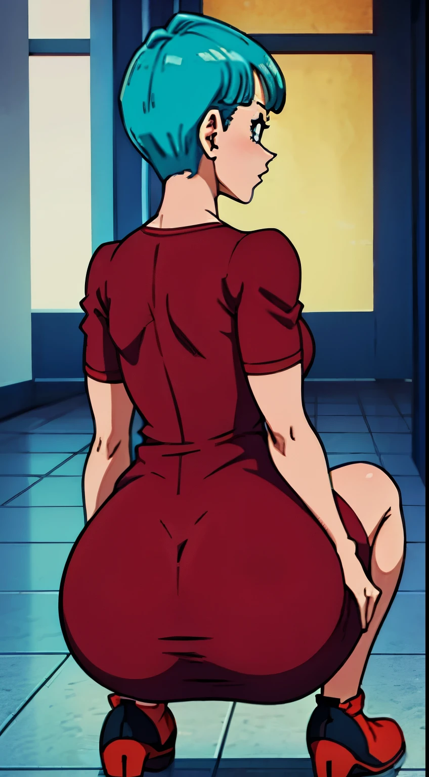 Bulma exibindo sua grande bunda usando vestido vermelho curto, bunda marcando no vestido,(back pose), (crouching position)