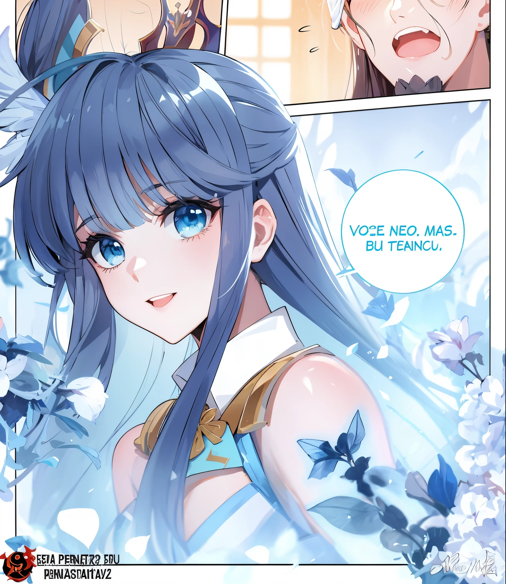 creased page of a comic book with a girl in a blue dress, ((uma bela imperatriz fantasia)), Estilo de pista Azur, manga anime, Miko, Loli, quadrinhos artgerm, Genshin, ! arte dos sonhos, Shojo manga, rosto azulado, princesa anime, portrait knights of zodiac girl, Doujin, Onmyoji, Hestia, Garota sexy, peitos grandes, garota com olhos fechados, maquiagem, garota, garota fofa sorrindo, sorriso bonito