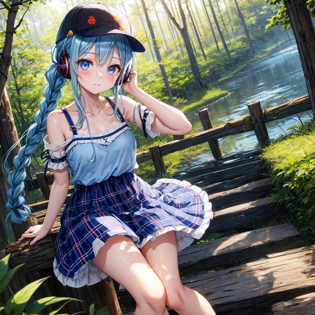 Blue hair、blue eyess、Braids、poneyTail、one good looking girl、独奏、animesque、Plaid miniskirt、Black T-shirt、camisole、the woods、Wearing a plaid baseball cap、bare-legged、Tilting your face、Walking、Crossing a log bridge while keeping balance、Doing the ribbon、have a twig、climbing the wooden stairs、falls、Blue Topaz、Sunset sky、Wearing headphones、spirals、Losing balance