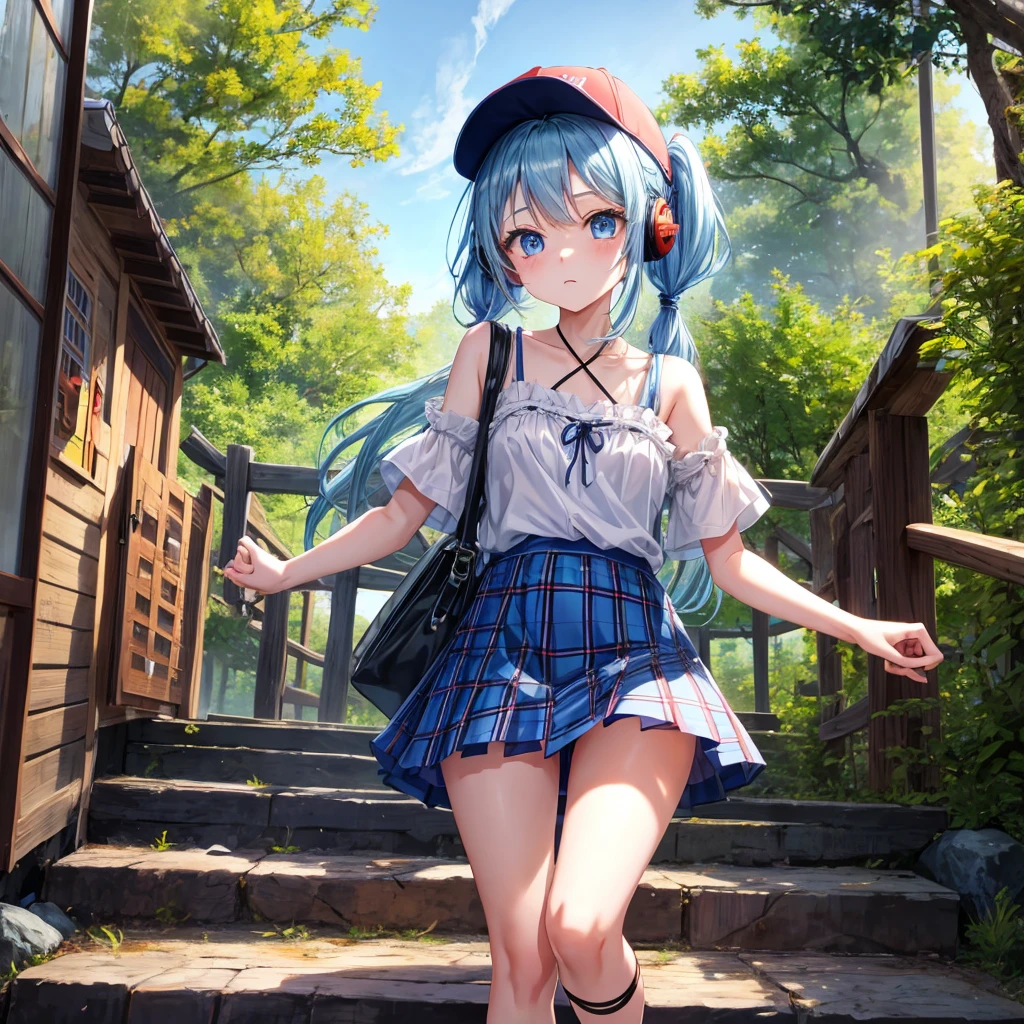 blue hair、blue eyes raid、one bewitching girl、solo、and soul、plaid mini skirt、Wet and see-through white T-shirt、Wet and see-through camisole、forest、sunlight、Wearing a plaid baseball cap、barefoot、tilt one's face、walk、Cross the log bridge while keeping your balance、doing ribbon、have a twig、climb the wooden stairs、rolled up skirt、I can see it、