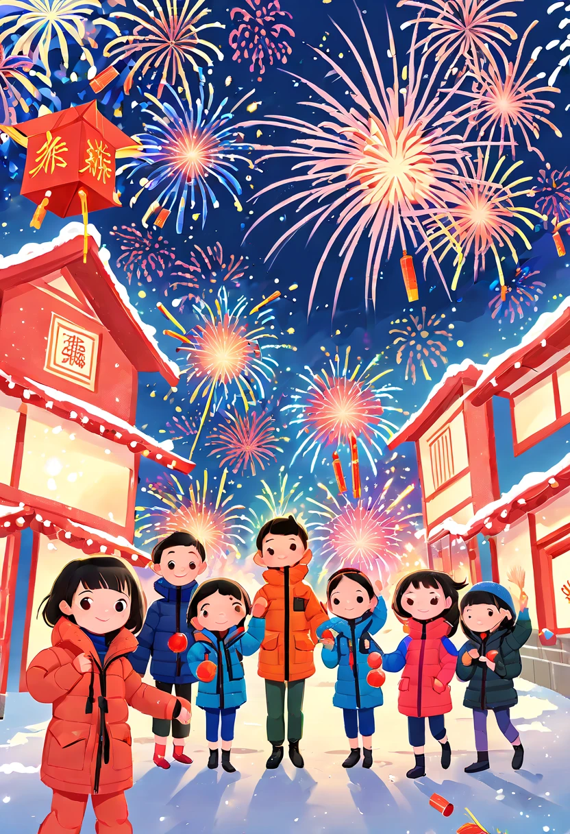 (Tim Burton style)，(Illustration captures the essence of Chinese New Year)，(Modern town:1.2), (Lanterns and festoons)，It's snowing，In the joyful atmosphere of the Spring Festival，(5 children in down jackets set off firecrackers and fireworks:1.5)，(There are many fireworks in the sky:1.5)，The picture is beautiful，(Detailed and vivid children&#39;s hand-drawn illustrations)，Show character expressions, (nsfw)