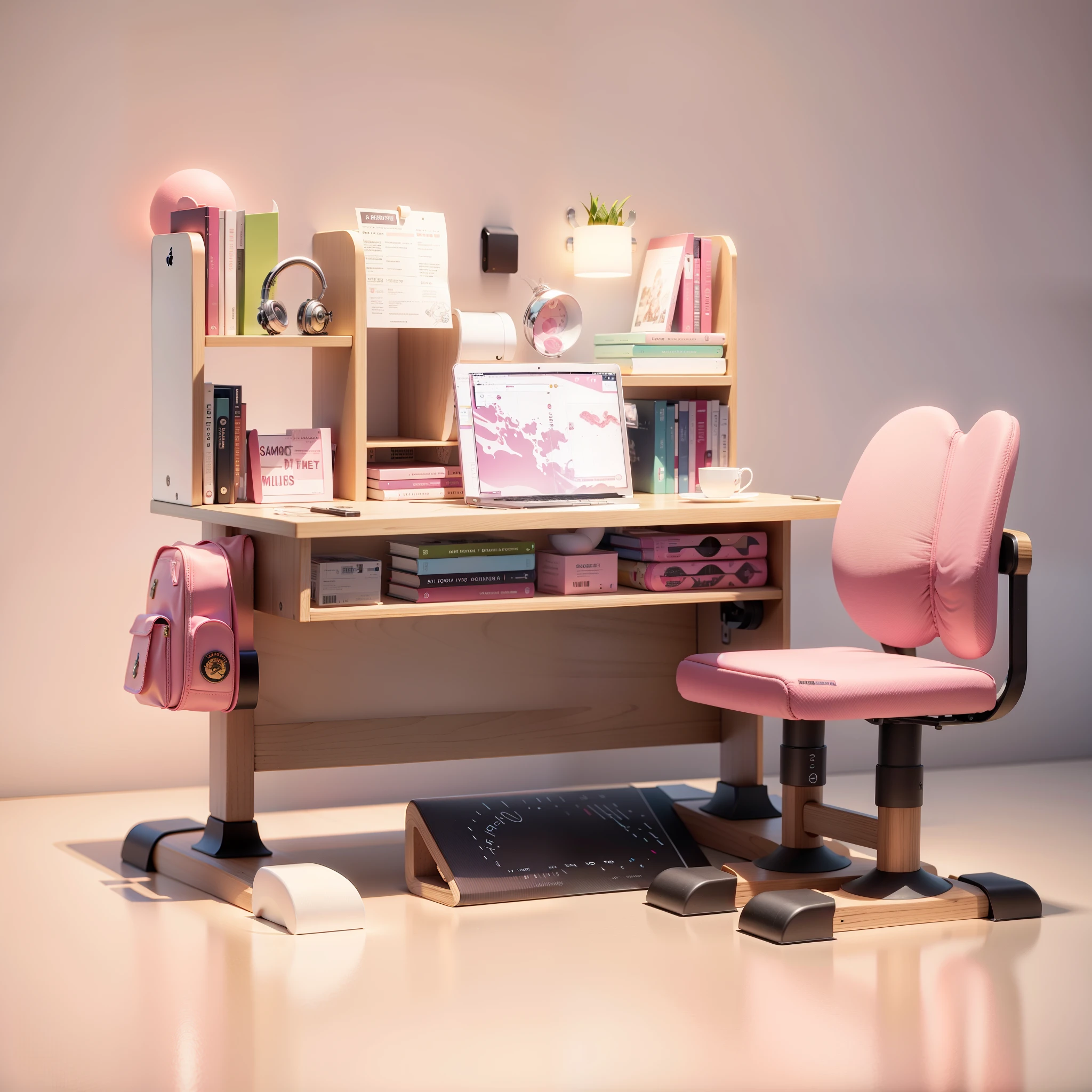 there is a pink desks with a chair and a book shelf, 3d product, Gamine, cabinet furniture, Official Product Pictures, product photograph, The complete theme is shown in the photo, miniature product photograph, pink room brightly lit, product introduction photos, product introduction photoss, big desks, highly detailed scenario, desks, elegant study, pink scheme, cute design, Gamines