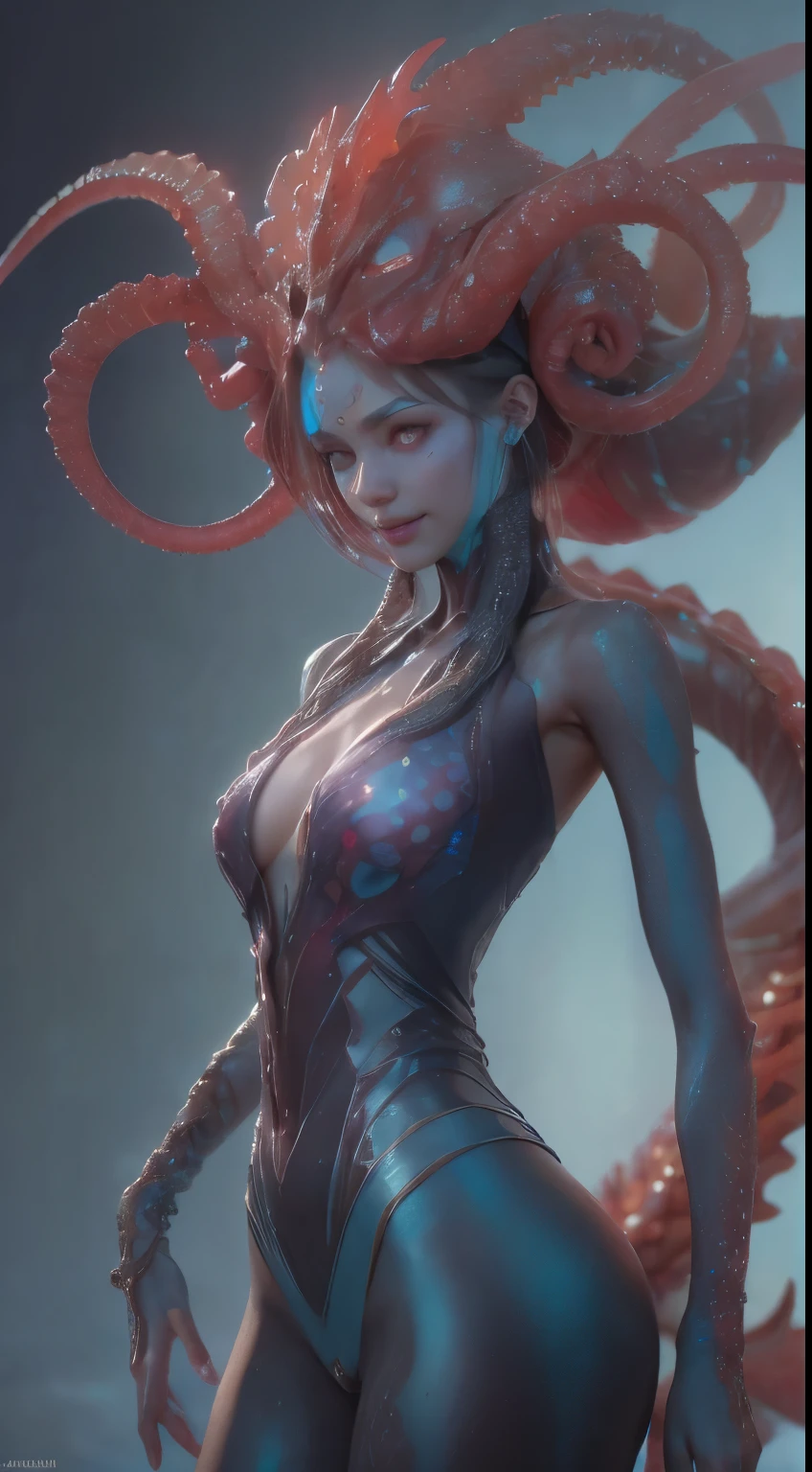 Portrait, (beautiful female alien:1.2), (she has red eyes with no pupils:1.8), (Translucent skin:1.7), (There is a female genital-like organ in the middle of the forehead:1.9), (The most beautiful face in the history of the universe:1.2),an evil gaze that seduces, (large mouth:1.1), (sharp teeth like a vampire:1.2), Full body like, (bio luminescent:1.5), (Smile wickedly:1.3), (sexypose:1.5), alien, No humans, cells are fused, (Lots of translucent tentacles:1.3) extraterrestrial, cell, bio image, Best Quality, 8K,4K_quality, High Definition, Dramatic Lighting, masutepiece:1.5,cinematic quality, detail up, (Intricate details:1.2), High resolution, High Definition, drawing faithfully, (Thick eyebrows:1.2), Beautiful eyes with fine symmetry,(Highly detailed face and eyes:1.2), Intimate face, (Super detailed skin quality feeling:1.4), Perfect Anatomy, (Beautiful toned body:1.5), (Moist skin:1.2), No makeup, (dark circles:1.1), long canines, cinematic drawing of characters, ultra high quality model, cinematic quality, detail up, (Intricate details:1.2), High resolution, High Definition, drawing faithfully, Official art, Unity 8K wall , 8K Portrait, Best Quality, Very High resolution, ultra detailed artistic photography, midnight aura, unreal enginee 5, Ultra Sharp Focus, art by alberto seveso, ArtGerm, Roisch, intricate artwork, best quality, masutepiece, ultra High resolution, (photos realistic:1.4), Ultra-realistic realism, dream-like, nautilus, Creation of fantasy, Snail, Dream Snail, biopunk nautilus, Thrilling color schemes, Ultra-realistic realism, seductively smiling, Blue tentacles,