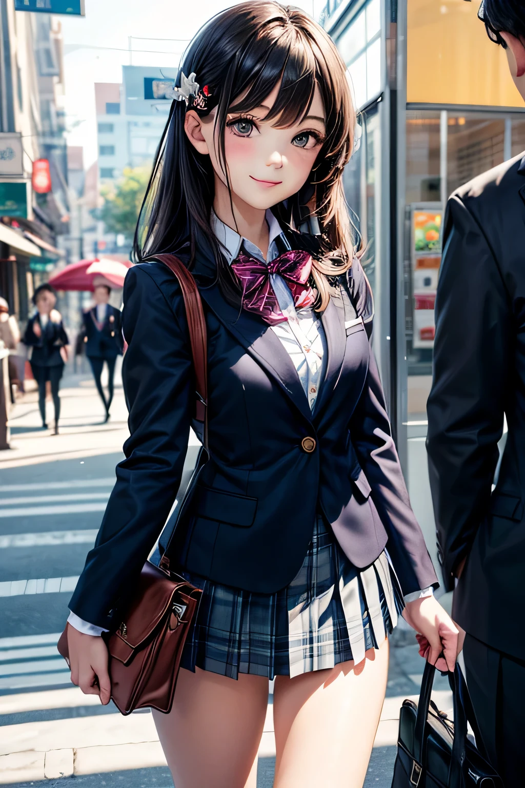 Very cute and beautiful girl,(very detailed beautiful face and eyes:1.2),
(blue blazer school uniform, Pleated mini-skirt),Stand in front of the cake shop window,
(Smile),Cowboy Shot,Holding a school bag,Dynamic Angle,hair pin,Black hair,downtown street,
(Best Quality,masutepiece:1.2),Intricate details,Extremely detailed,Ultra-detailed,hight resolution,
Solo,Hair fluttering in the wind,