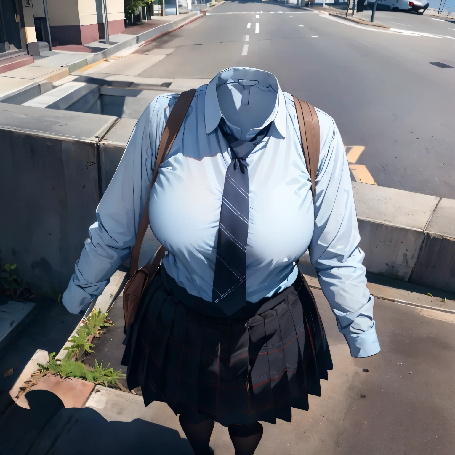 absurdres, highres, ultra detailed
BREAK
, school uniform,  plaid skirt, school stripe tie, pink shirt, (close-up to breasts), cute big breasts, (invisible, no human, headless, handless:1.5),chubby, fat, from above