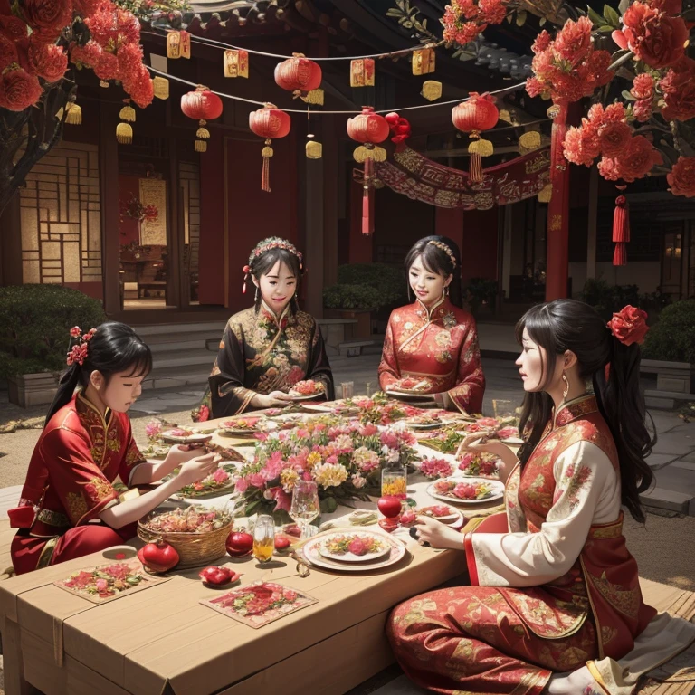(Gilt line drawing style，New Year&#39;s Day Family Reunion Flower Viewing Picnic，Chinese New Year&#39;s Eve，Red Jewel， Complicated details), Stunning composition, (Best quality at best, 4K, A high resolution, tmasterpiece:1.2), ultra - detailed，SFW，Correct anatomy