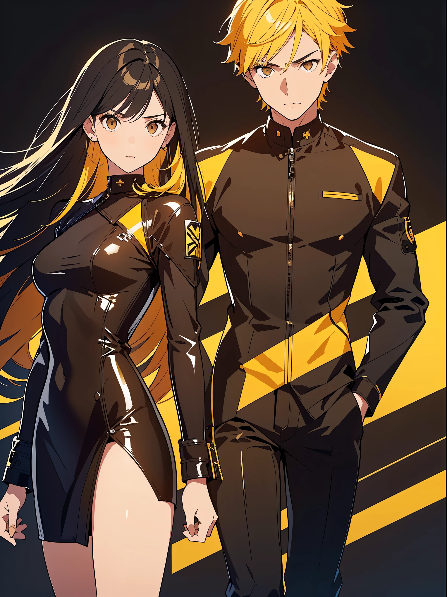 Girl and boy, serious features,( holding a gun),(( he has brown eyes+Yellow hair+Black suit)), ((she has black eyes+Long black hair+Short black leather dress)), high definition, high detailing, detailed face, detailed eyes, detailed body