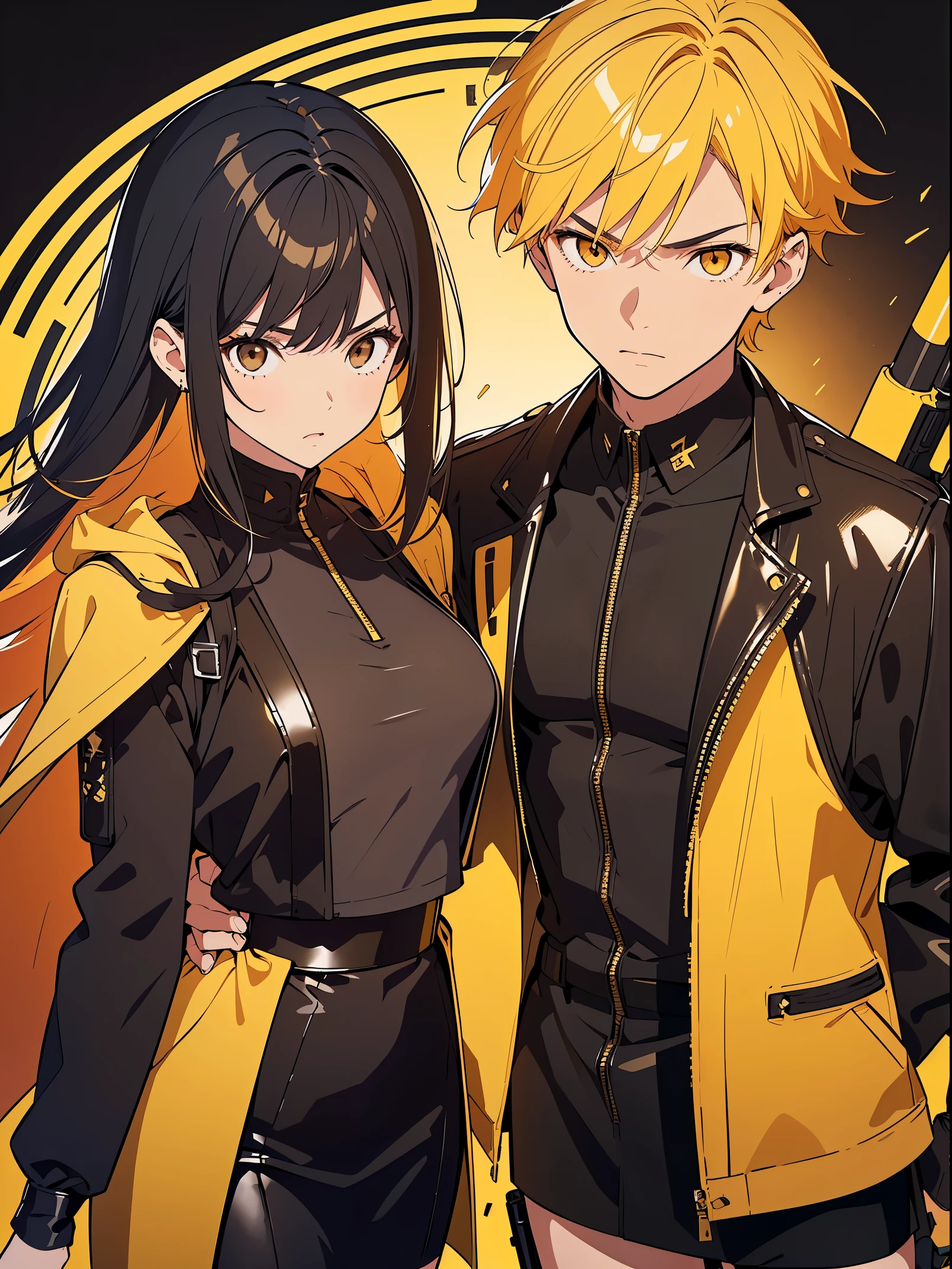 Girl and boy, serious features,( holding a gun),(( he has brown eyes+Yellow hair+Black suit)), ((she has black eyes+Long black hair+Short black leather dress)), high definition, high detailing, detailed face, detailed eyes, detailed body