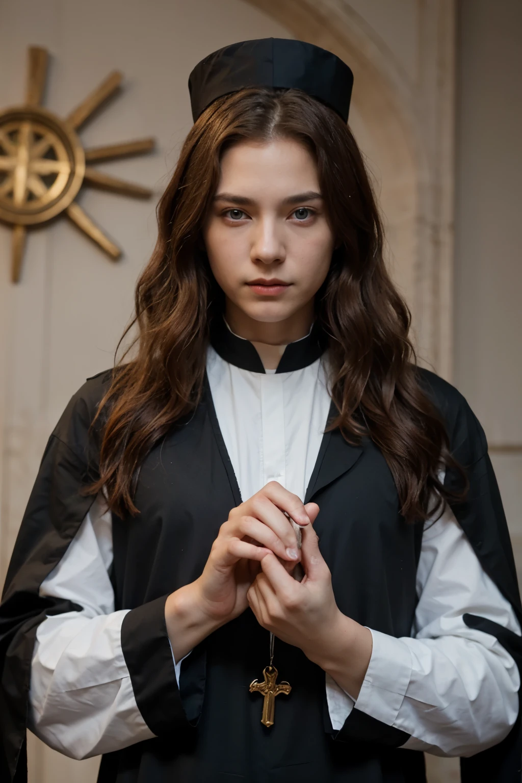 ArkhangeL with long red curly hair and blue eyes and a priest black cassock with a Korean Bo on his hand