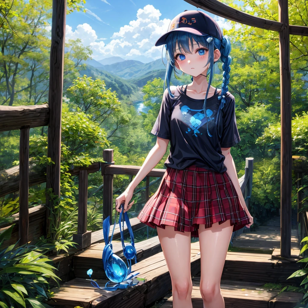 Blue hair、blue eyess、Braids、poneyTail、one good looking girl、独奏、animesque、Plaid miniskirt、Black T-shirt、camisole、the woods、Wearing a plaid baseball cap、bare-legged、Tilting your face、Walking、Crossing a log bridge while keeping balance、Doing the ribbon、have a twig、climbing the wooden stairs、falls、Blue Topaz、Sunset sky、Wearing headphones、spirals、Losing balance