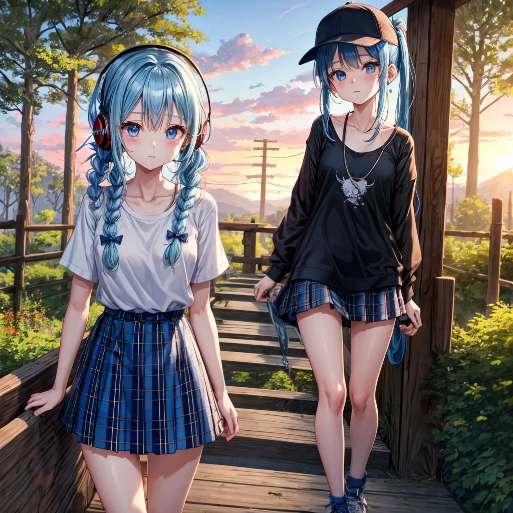 Blue hair、blue eyess、Braids、poneyTail、one good looking girl、独奏、animesque、Plaid miniskirt、Black T-shirt、camisole、the woods、Wearing a plaid baseball cap、bare-legged、Tilting your face、Walking、Crossing a log bridge while keeping balance、Doing the ribbon、have a twig、climbing the wooden stairs、falls、Blue Topaz、Sunset sky、Wearing headphones、spirals、Losing balance