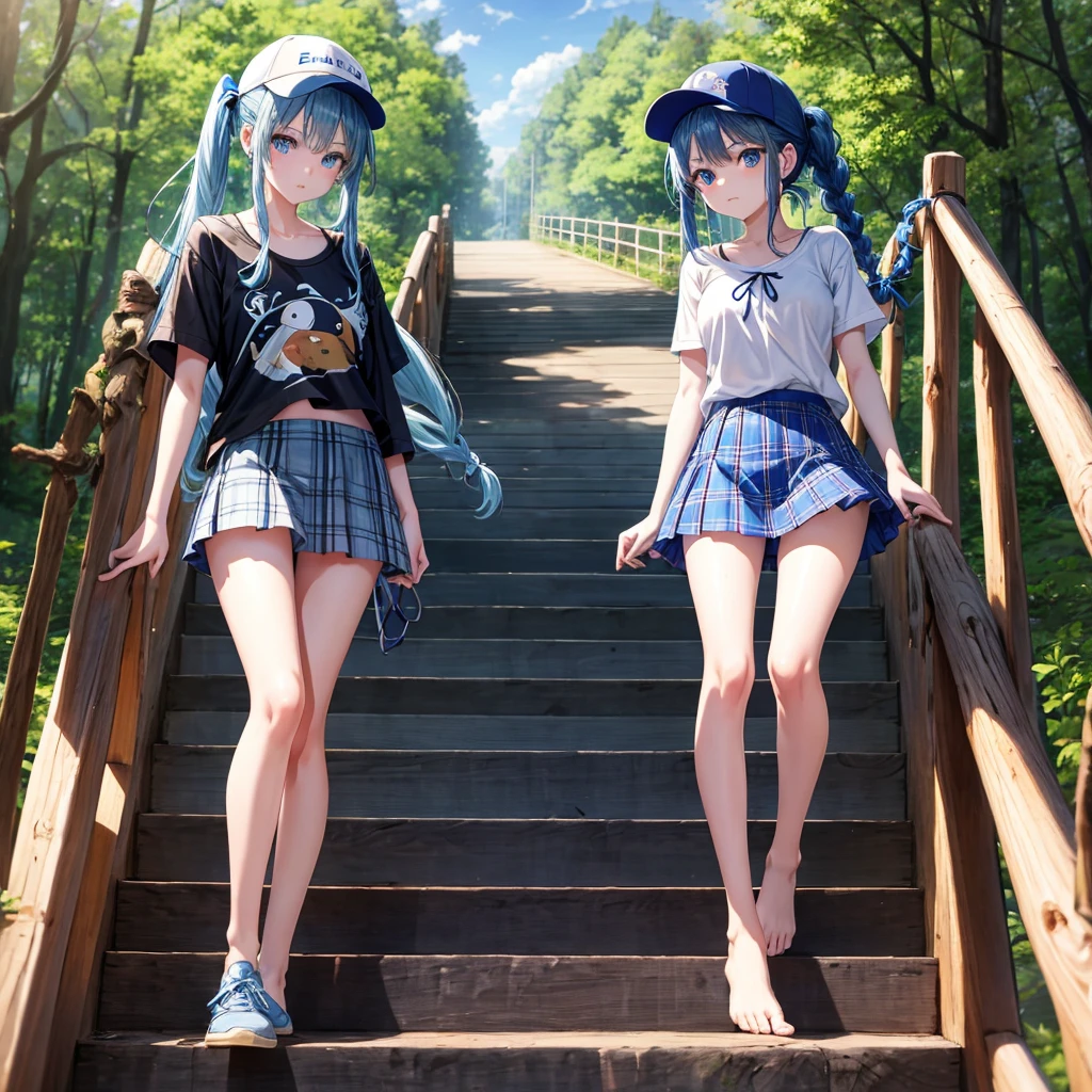 Blue hair、blue eyess、Braids、poneyTail、one good looking girl、独奏、animesque、Plaid miniskirt、Black T-shirt、camisole、the woods、Wearing a plaid baseball cap、bare-legged、Tilting your face、Walking、Crossing a log bridge while keeping balance、Doing the ribbon、have a twig、climbing the wooden stairs、falls、Blue Topaz、Sunset sky、Wearing headphones、spirals、Losing balance