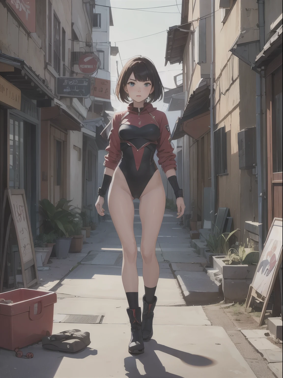 masterpiece, best quality, 1girl, solo, single, superhero, leotard, bare legs, boots, standing, straight, time warp