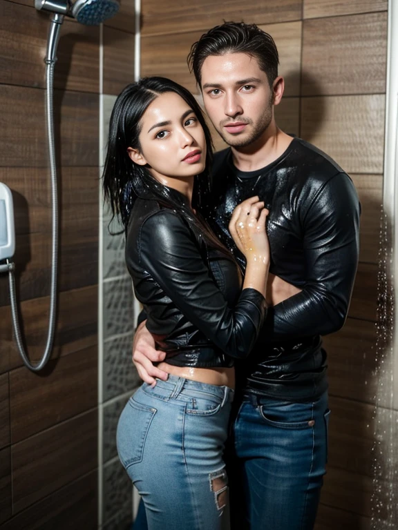 (((30 year old man and woman taking a shower))), skinny jeans, (Water-soaked clothing:1.17), (Best Quality,high resolution,bokeh:1.2),Pronounced wrinkles,Bob haircut,Detailed eyes and face, tshirt, (standing:1.0),(gloomy ecstasy:1.1), Posing, standing in a shower SoakingWetClothes, black Dark Marten boots, show boots, jeans are wrinkled from wetness, ((hugging))