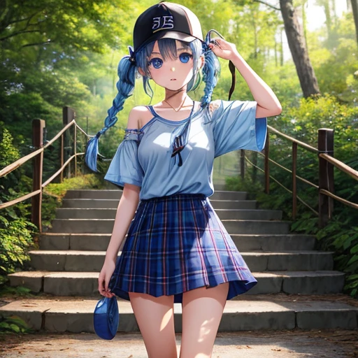 Blue hair、blue eyess、Braids、poneyTail、one good looking girl、独奏、animesque、Plaid miniskirt、Black T-shirt、camisole、the woods、Wearing a plaid baseball cap、bare-legged、Tilting your face、Walking、Crossing a log bridge while keeping balance、Doing the ribbon、have a twig、climbing the wooden stairs、falls、Blue Topaz、Sunset sky、Wearing headphones、spirals、Losing balance