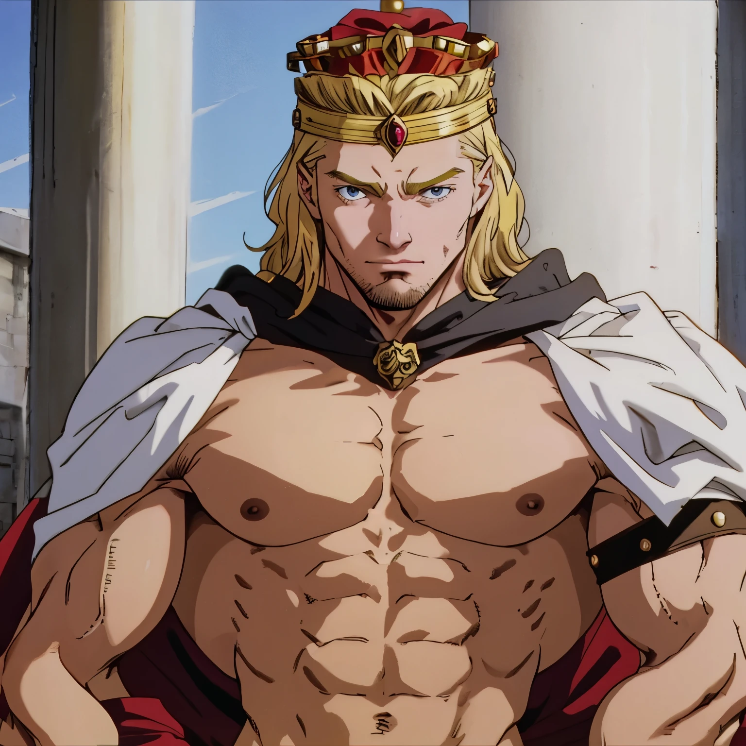 A muscular blond man with a crown