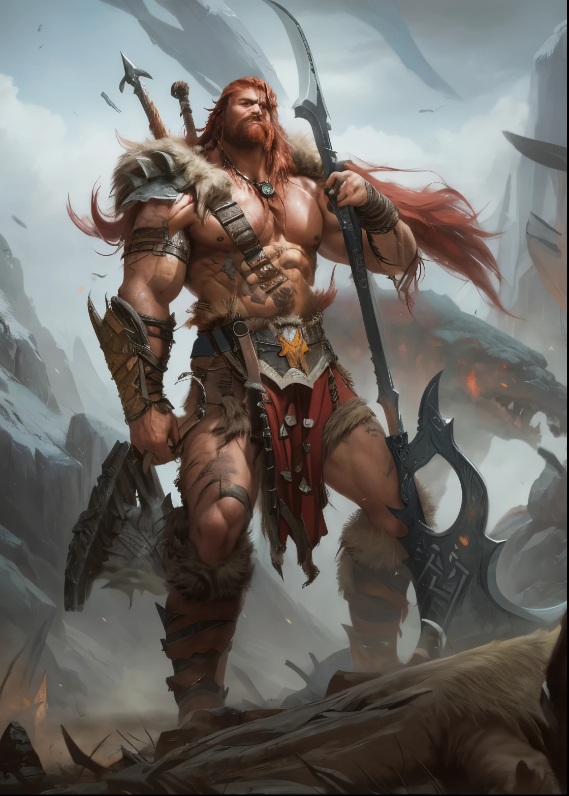 a painting of a man with a sword and a horned head, berserker potrait, barbarian class, barbarian warrior, barbarian, viking berserker, fur-clad barbarian goliath, portrait berserker barbarian, male barbarian, epic fantasy card game art, demon berserker, concept art of a warrior, epic fantasy character art, by Yang J, a very beautiful berserker woman, (red hair)+++