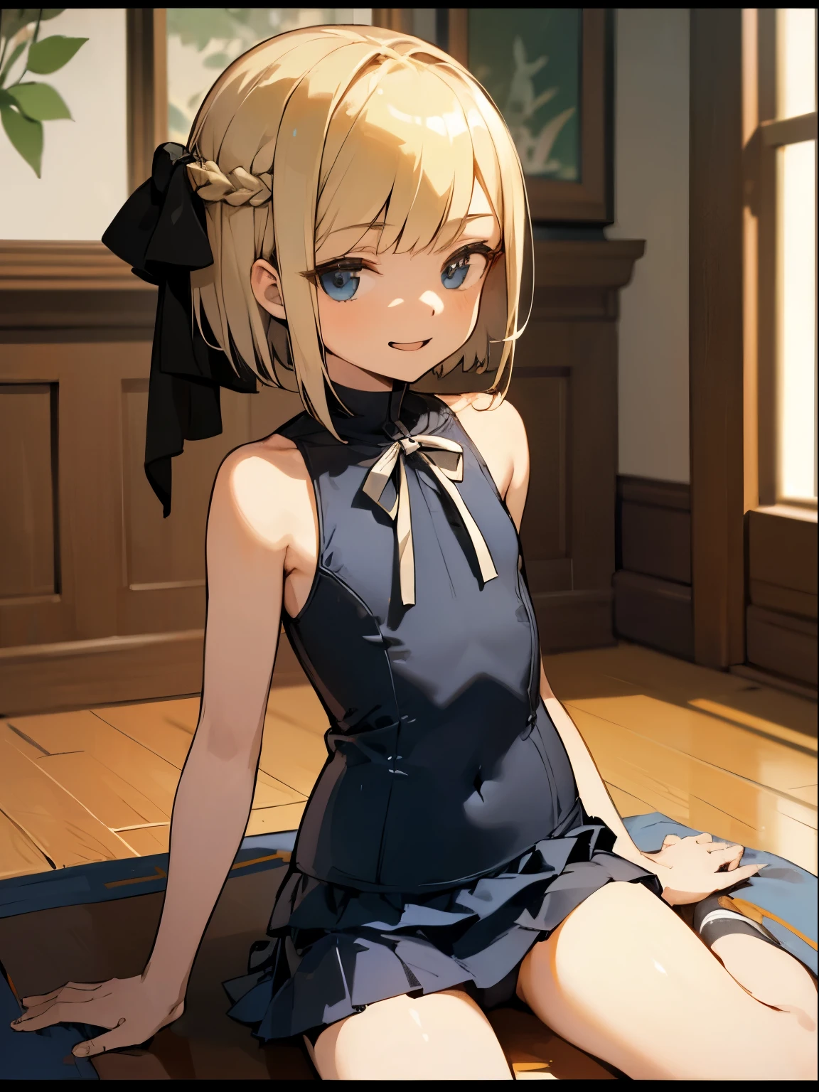 Reines, 1girl, high quality, best quality, illustration, masterpiece, (highly detailed:1.2), (extremely detailed:1.3), flat chest, sleeveless, swimsuit, school skirt, young girl, ribbon, braid, petite, , in a room, short hair, smiling