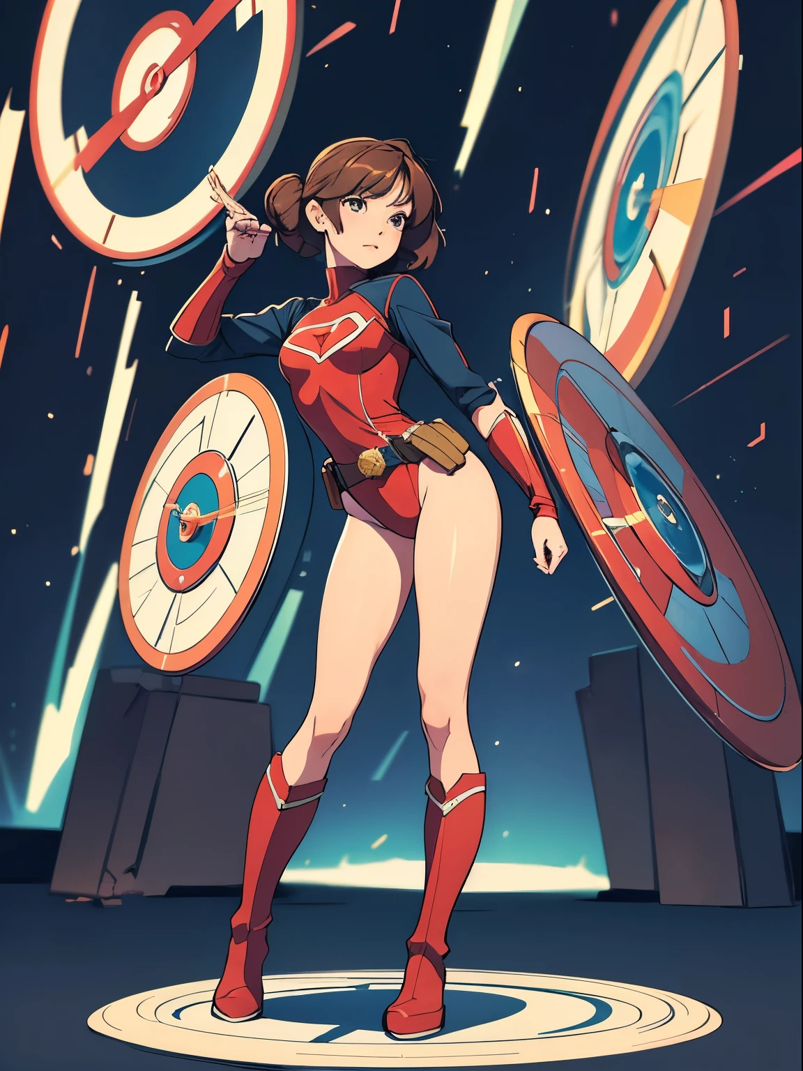 masterpiece, best quality, 1girl, solo, single, mature lady, superhero, leotard, bare legs, boots, belt, standing, straight, time warp, spinning