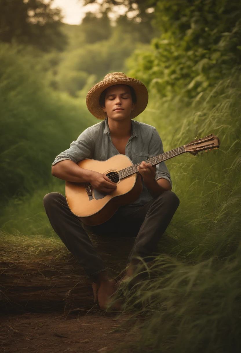 (best quality,4k,8k,highres,masterpiece:1.2),ultra-detailed,realistic, HDR,UHD,studio lighting,extremely detailed face and facial expressions,young boy sleeping,green giant tree,overgrown,thick leaves,wooden banjo,weathered and worn,peaceful atmosphere,nature field,high grass,faint sunlight,soft golden hue,harmonious colors,sleeping peacefully wearing a wicker hat with his guitar