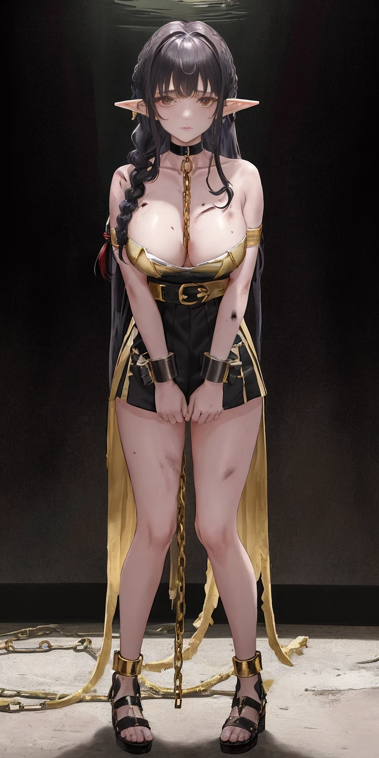 Female, standing, straight, 1girl, elf, green wavy hair, from above, medium breasts, suspended by arms, head down, POV, from the side, (dirty, bruise:1.2), cave floor, tiedup, rope, (Masterpiece), full body of a female, big breast, detailed face, full portrait, standing straight, shackles on arms and legs, black chocker on neck, SFW, WHITE TOGA, golden chains hands, golden chains legs, lascivous face, embarrassed, red cheeks, braid black hair, looking at viewer, handcuffs on their hands, with a collar around the neck, slave, ((black choker, shackles on legs and arms)) ((hands hidding behind body))