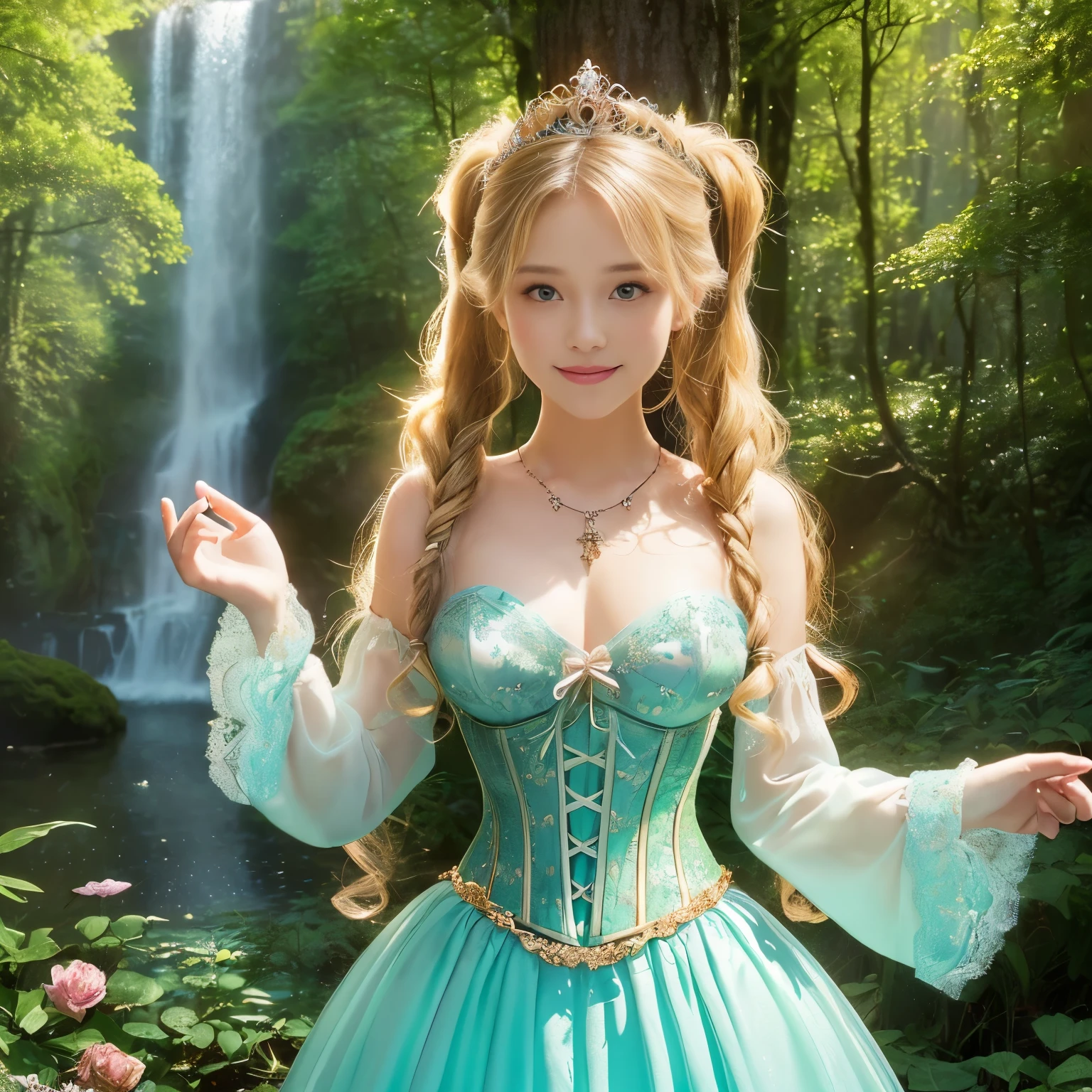 ((masutepiece、top-quality、8K、Highly Detailed and Complex Detail、The most complex and detailed textures、Super High Detail、bright and gentle lighting、the mildest texture、Smoothest texture))、(beautiful waterfall in the background:1.3)、(A pair of tiny fairy wings that shine very delicately and intricately.:1.2)、(Upper body photo of a standing princess:1.2)、(A sacred fairy tale forest:1.2)、(Wave Twin Tails:1.3)、(A very young 10 year old fairy princess:1.2)、(Fairy wings with very intricate patterns:1.2)、(The most luxurious and divinely shining fairy tale light green princess dress:1.2)、((Huge breasts that are about to burst、The most beautiful fairy tale forest prince Fairy tale princess、a high chroma、Fantastic sparkling little fairy wings、Gives off a fairy-tale glow、The finest dress with elaborate decoration.、Shining transparent fairy tale wingantastic, fairy tale light、The background is set in a complex and sacred forest、Mysterious tree、優しいfairy tale light、The brilliance of a fairy tale、Fairytale atmosphere、Fantastical、The most intricate and sacred dresses、the most beautiful fairy princess in the world、Faithfully reproducing the sacred atmosphere, Perfect down to the last detail、The most complex and detailed forests、The most sacred and luxurious princess dress、 calm and full of light、Extravagant tiaras and necklaces、A forest full of sacred light、Fantastical、Overgrown trees々、A forest surrounded by sacred light、very calm and bright、Half Japan and half Russian、Blue eyes、a blond、the best smile when you look at me、Beautiful wavy hair、The most luxurious and intricate dresses、the best smile looking at me、Slimed、very thin divine corset))
