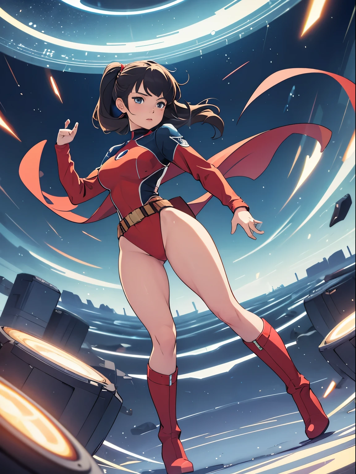 masterpiece, best quality, 1girl, solo, single, mature lady, superhero, leotard, bare legs, boots, belt, standing, straight, time warp, spinning, tornado spin