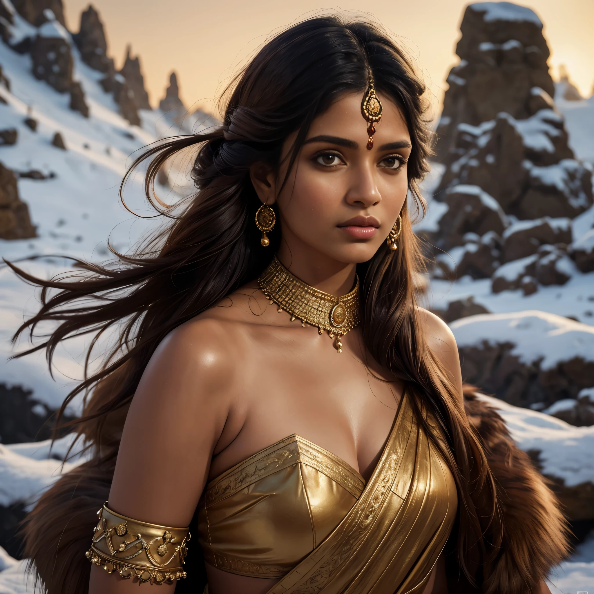 ((Quality: masterpiece, best quality, UHD, anatomically correct, photo realism, textured and detailed skin, skin pores, skin imperfections, textured and detailed hair, volumetric lighting, hyper realistic and detailed background)), whimsical and creative artist woman with a palette of vibrant colors, (((Indian woman, Indian, brown skin))), barbarian warrior, fighter, on a snowy mountain, leather and fur, weapon