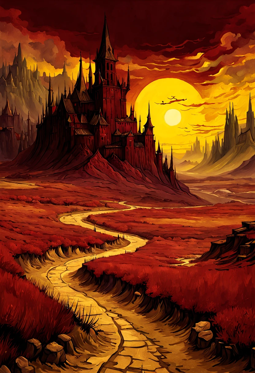 A fantasy landscape in a very dark red and yellow color, Estilo Van Gogh, acuarela, tendencias en Artstation, foco nítido, Foto de estudio, Detalles intrincados, Altamente detallado, por Greg Rutkowski