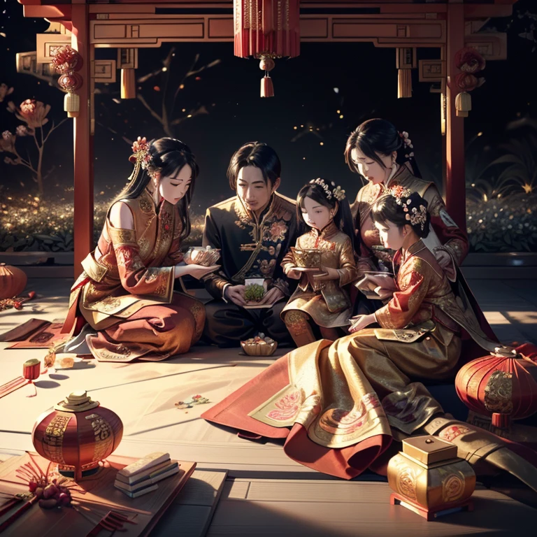 (Gilt line drawing style，New Year&#39;s Day Family Reunion Flower Viewing Picnic，Chinese New Year&#39;s Eve，Red Jewel， Complicated details), Stunning composition, (Best quality at best, 4K, A high resolution, tmasterpiece:1.2), ultra - detailed，SFW，Correct anatomy