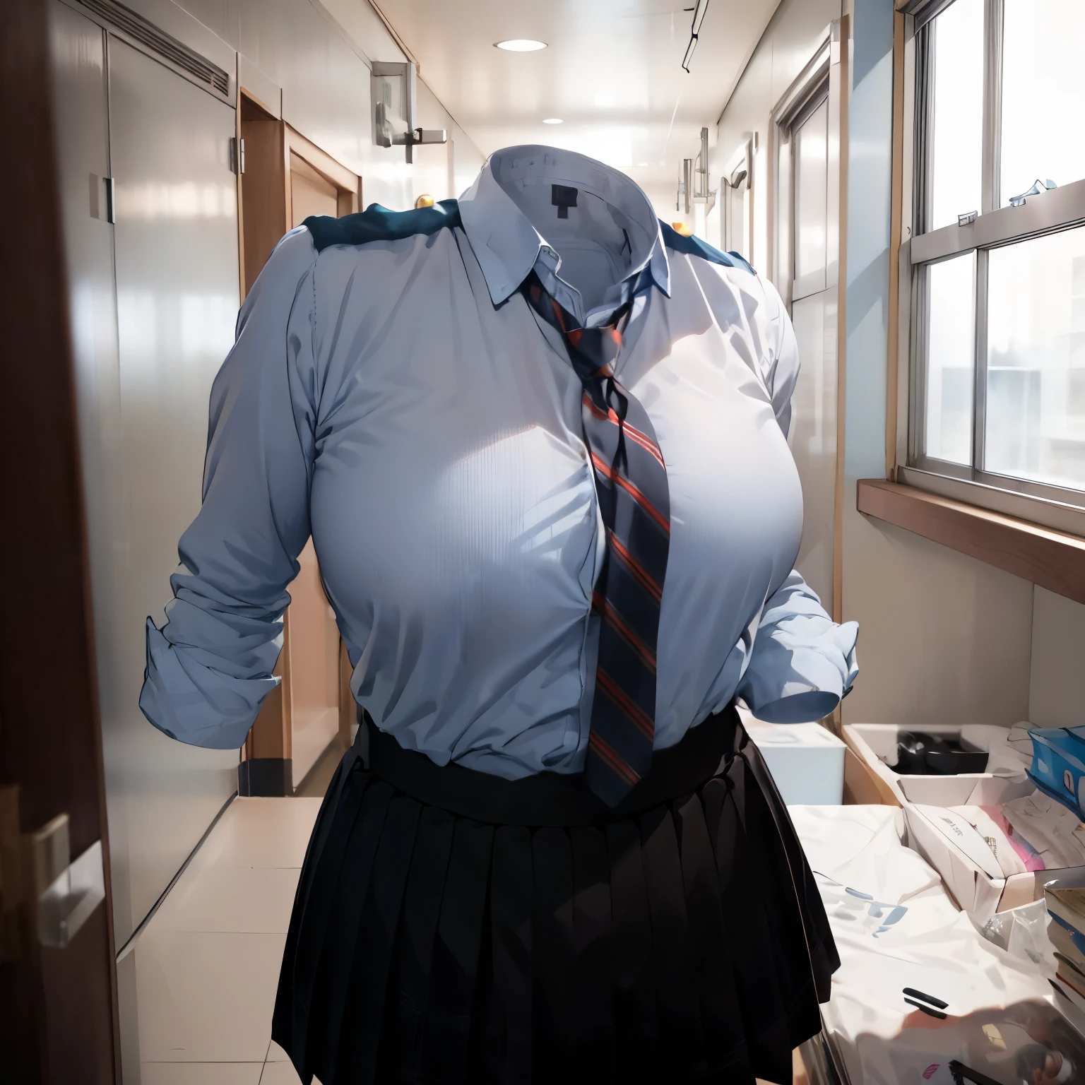 absurdres, highres, ultra detailed
BREAK
, school uniform, plaid skirt, school stripe tie, pink shirt, (close-up to breasts), cute big breasts, (invisible, no human, headless, handless:1.5),chubby, fat, from above, dynamic view, on bed