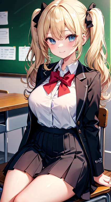 in class room, 1girl, sitting on chair, exposed white bra, white shirt, big breast BREAK black school uniform, blonde curly hair, twintail, hair bow, smile, look at viewer