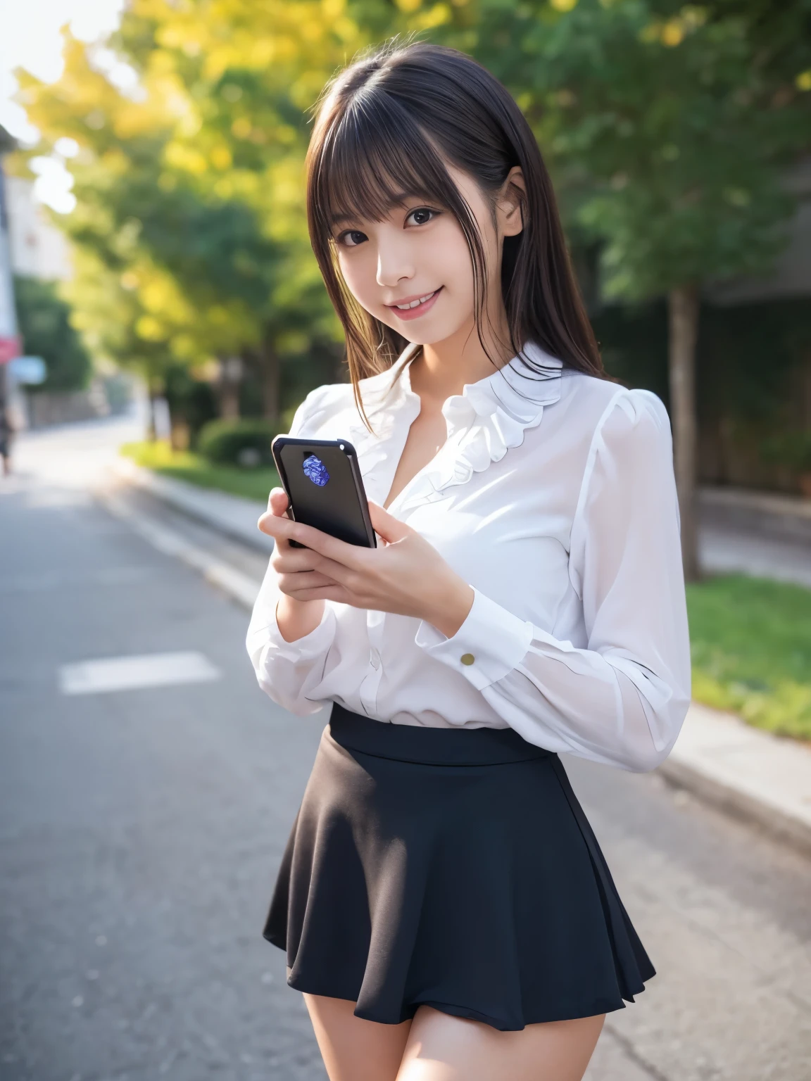 nsfw, 1girl, (solo), masterpiece, best quality, 8K, hight resolution, extremely detailed girl, extremely detailed beautiful face, Beautiful skin, shiny skin, perfect anatomy, face focus, smile, cowboy shot, standing, looking at viewer, (smartphone), (use smartphone with one hand:1.5), japanese, black hair, medium hair, medium breasts, cleavage, navel, ruffled shirt, frilly micro mini skirt, skirt lifted, (shiny panties:1.1), (Panchira:1.3), outdoors, Sharp Focus, face lights, depth of field, enako