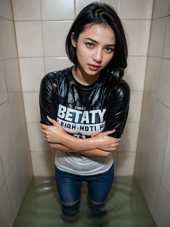 (Water-soaked clothing:1.17), (Best Quality,high resolution,bokeh:1.2),one woman, one man, Pronounced wrinkles,Bob haircut,Detailed eyes and face,tshirt,(standing:1.0),(gloomy ecstasy:1.1), Posing, standing in a shower SoakingWetClothes, black Dark Marten boots, show boots, jeans are wrinkled from wetness, hugging the man
