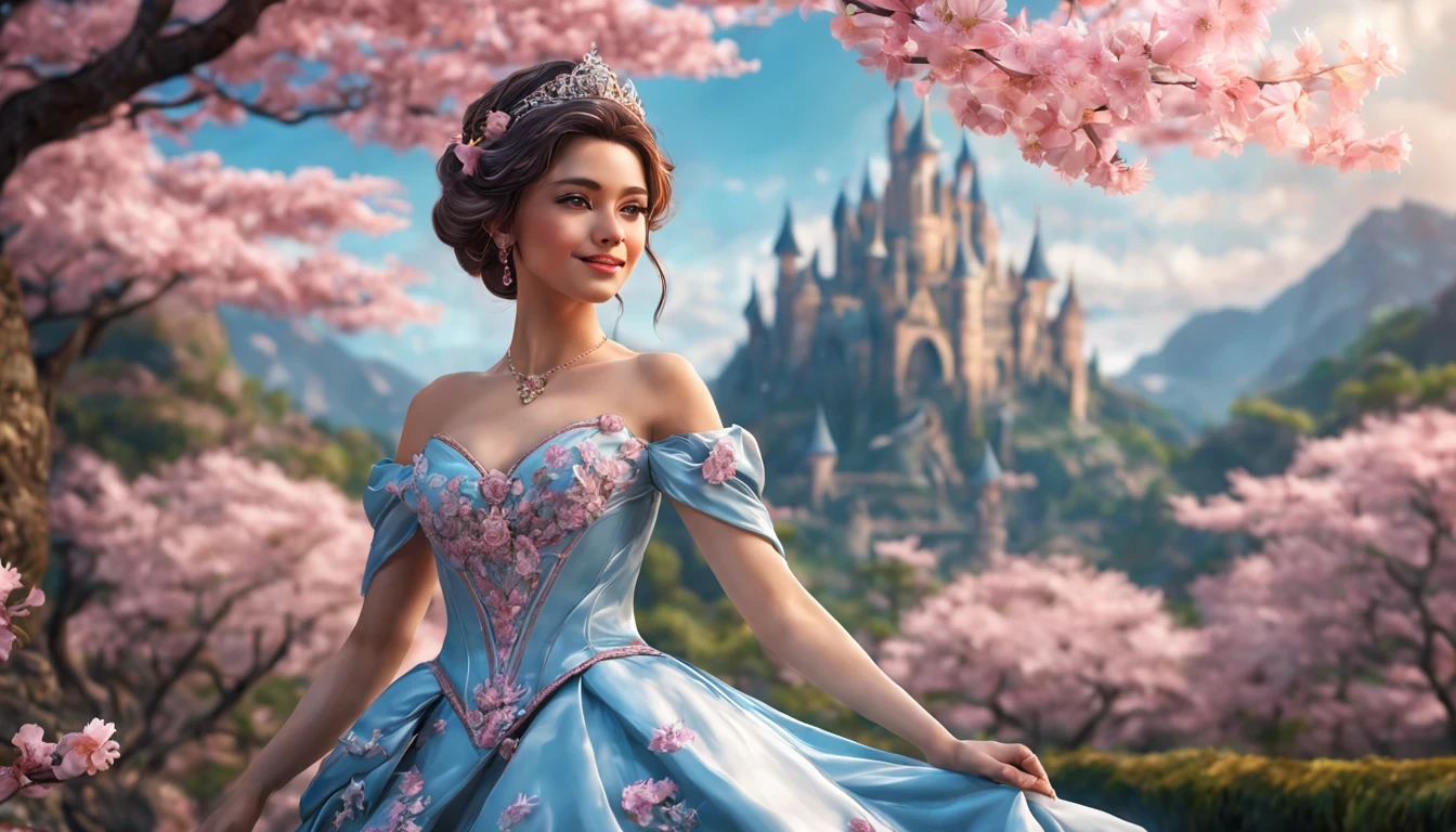 There is a beautiful girl "Alissa Milano", em um vestido de baile, cherry blossom space, Princesa monarquista, paisagem da princesa, princesa de cabelos pretos longos, sorriso gentil, Kushatt Krenz Key Art Mulheres, 3d stylized rendering, 3D rendering of 8k character art, arte digital detalhada bonito, Anime estilo 3D,master part, super detalhado, Epic composition, extremely high quality,Epic digital art of romantic fantasy,Epic fairytale fantasy digital art,Mythological fantasy,