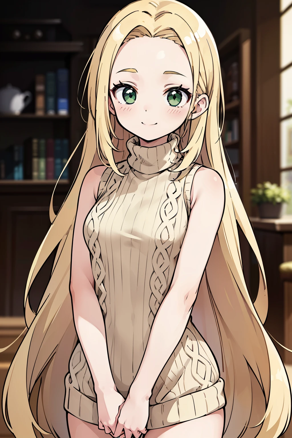 masterpiece, best quality, anime screencap, (subject: 1girl, solo, blonde, beige hair, very long hair, forehead, green eyes, small breasts, petite, curvy, nervous smile, cute), (outfit: turtleneck sweater, sleeveless, sleeveless sweater, backless:1.2), (composition: cowboy shot, upper body), (blurry background, thick outlines)