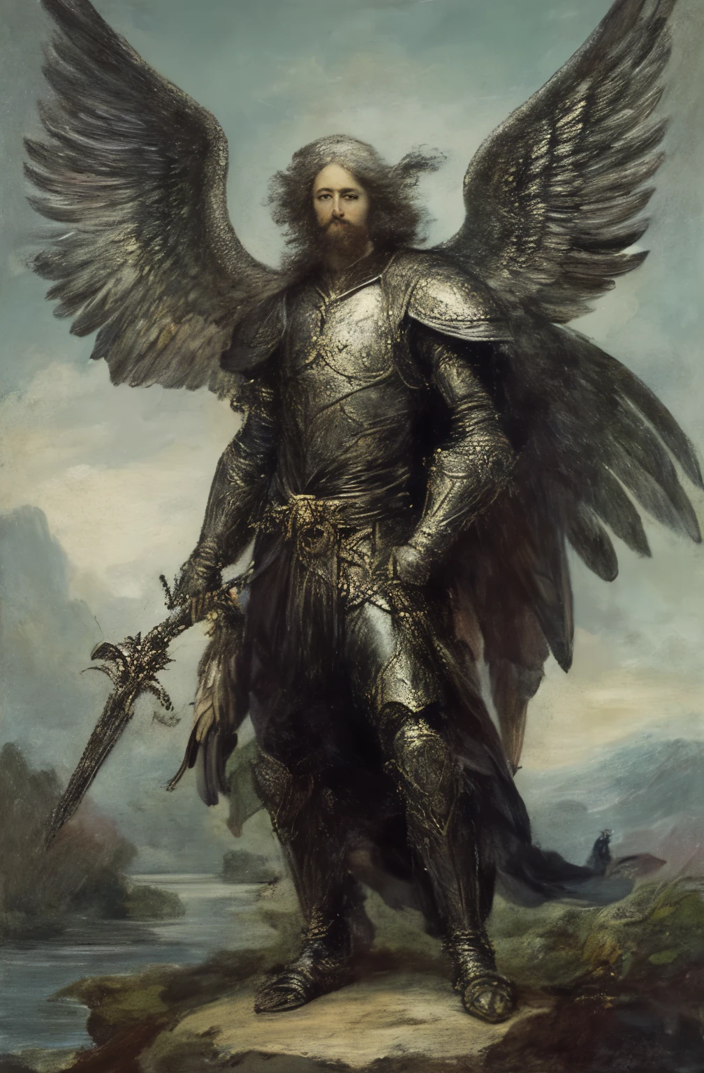 painting of a man with a sword and wings, angel with dark wings, waving hair,